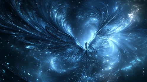 Celestial phoenix rising in luminous cosmic vortex.