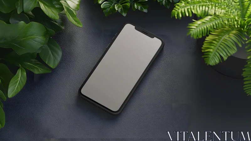 Modern smartphone on dark surface surrounded by green plants.