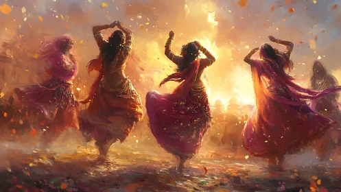 Women Dancing in Vibrant Traditional Attire, Impressionist Style.