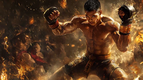 Muay Thai fighter posed amid flames in dynamic action scene.