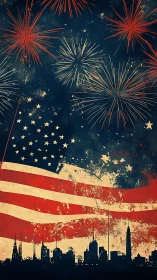 Distressed American flag over city skyline with fireworks.