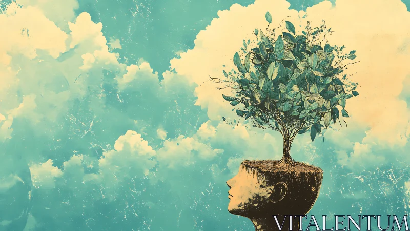 Human head with leafy tree emerging against cloudy sky.