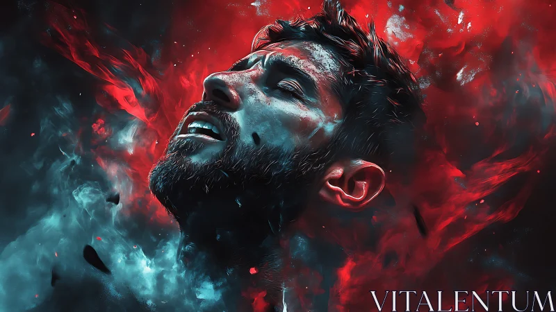 Male head amid red and blue abstract smoke effects in profile.