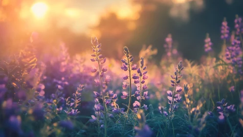 Lupine Field at Golden Hour: Backlighting Soft Focus Bloom.