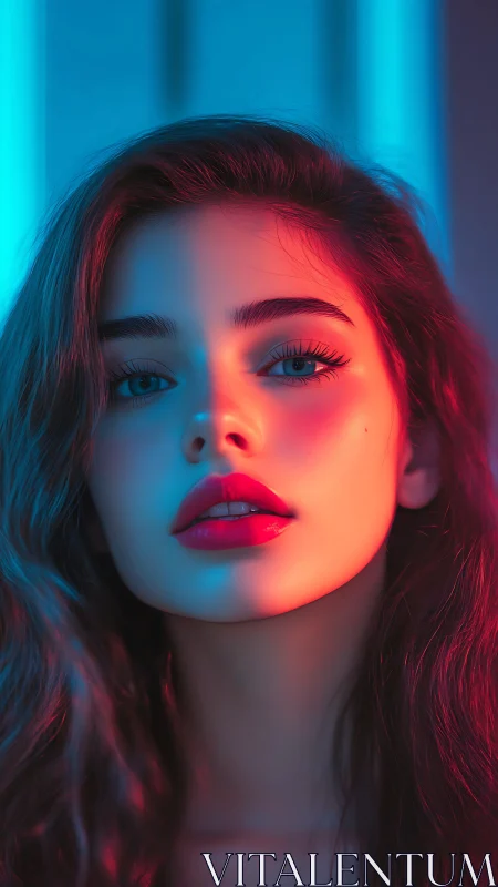 Neon bicolor portrait under cyan and magenta rim lighting.