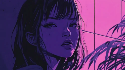 Neon twilight brushes her gaze into electric stillness