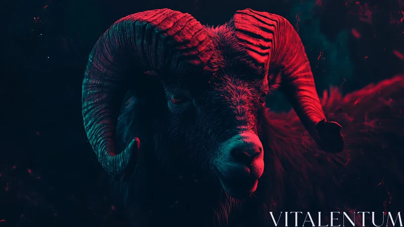 Ram stands under neon red teal lighting in dark haze