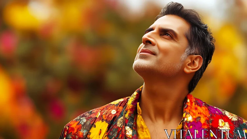 Middle-aged man looks upward in floral jacket outdoors