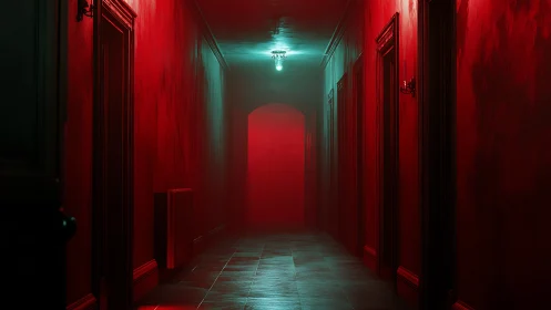 Cinematic red corridor with volumetric fog and moody overhead lamp