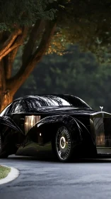 Streamlined black luxury coupe is parked on a shaded road
