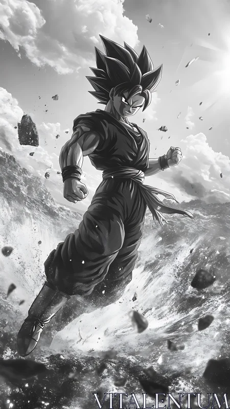 Monochrome anime warrior powering up amid falling debris.