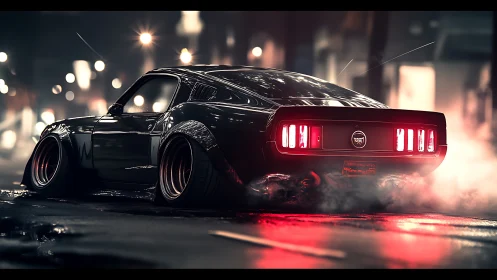 Widebody black muscle car on wet city street at night.