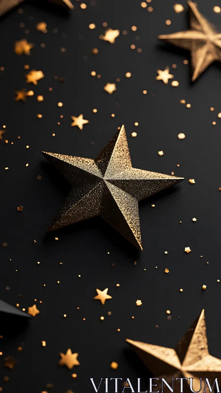 Gold 3D stars rest on matte black background with glitter