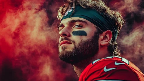 Cinematic portrait isolates focused football player in smoke