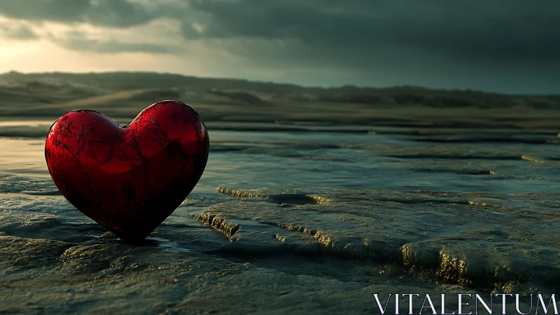 Red heart form positioned in shallow coastal water.