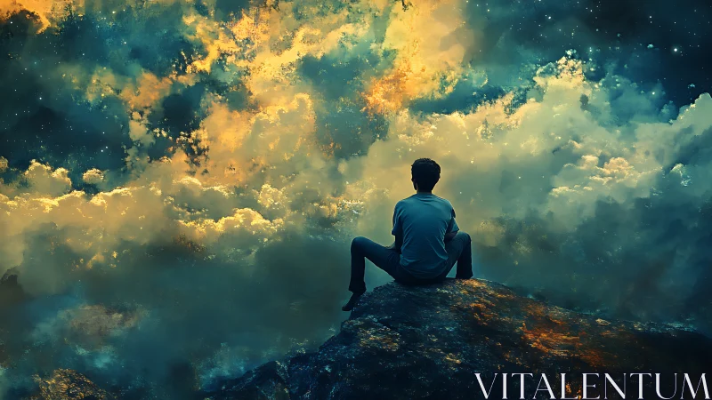 Solitary dreamer perches on starlit cliff between cloud galaxies