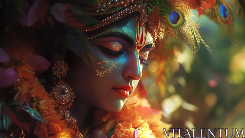 Peacock-feathered divinity dreams in marigold-tinted light