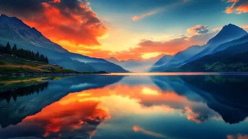 Mountain lake sunset with vivid sky reflection on water.
