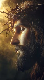 Side profile of bearded man with thorn crown in light.