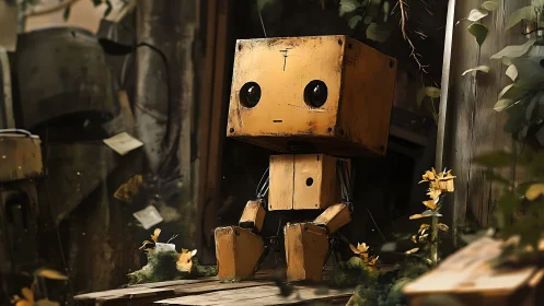 Gentle yellow robot resting quietly in a hidden garden corner.