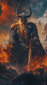 Horned armored warrior seated amid fire and rocky cliffs.