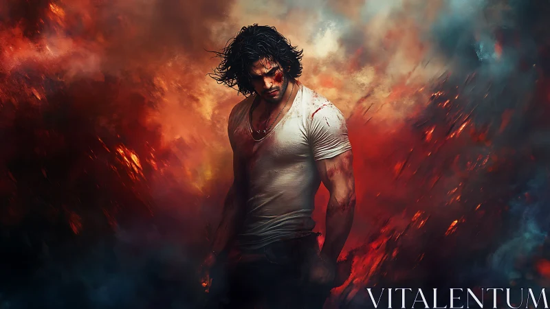 Storm-hearted wanderer standing strong in swirling firestorm.