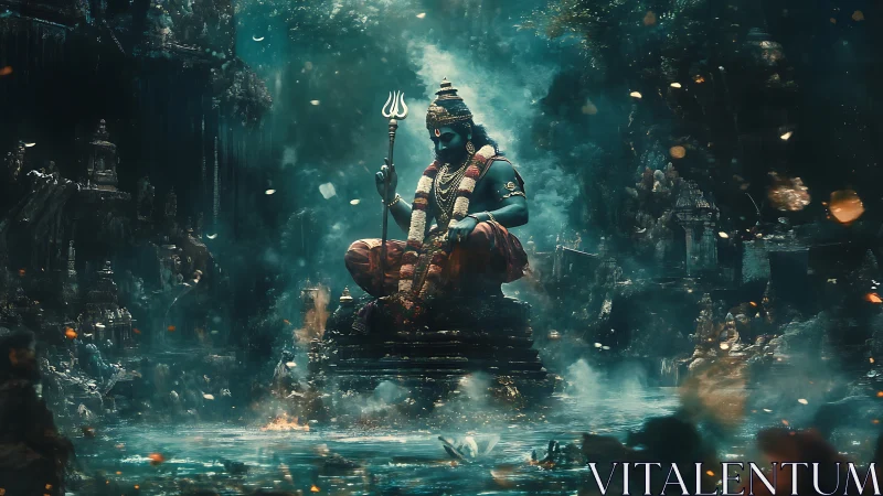 Celestial river mist crowns the meditating trident bearer