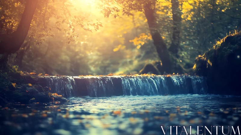 Golden forest stream glows softly in the gentle morning light