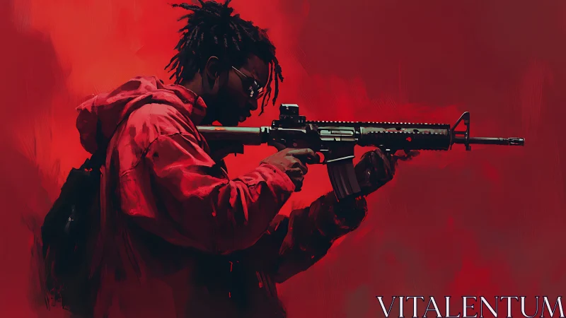 Lone figure aims a rifle in a stark red digital haze