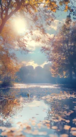 Sunlit autumn lake quietly teaches the sky to shimmer