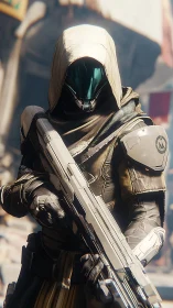 Hooded sci fi guardian pausing with a calm, ready stance.
