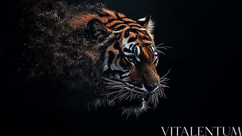 High-contrast tiger portrait dissolving into particulate dispersion field