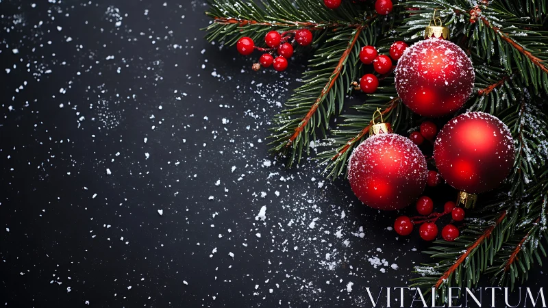 Red Christmas baubles on fir branches with snow dusting.