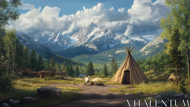 Mountain teepee camp under dramatic clouds at sunrise.