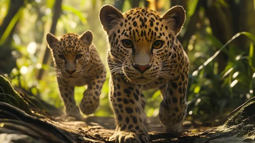 Spotted Shadows Stride Together Through Jungle Light