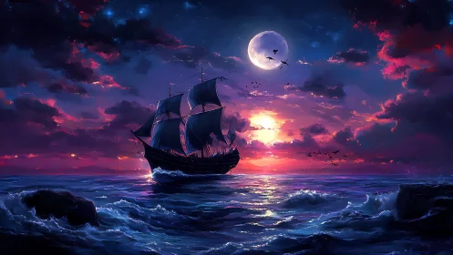 Sailing ship crosses luminous ocean under moonlit sunset