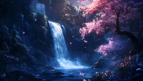 Enchanted waterfall grove with luminous cherry blossoms.