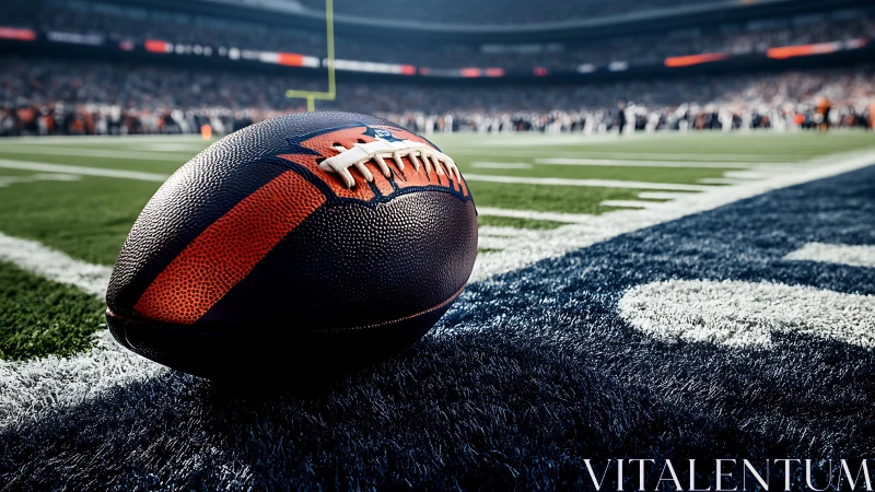 Close-up gridiron football on textured end zone turf surface