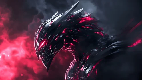 Midnight metal dragon glowing through crimson storm clouds.