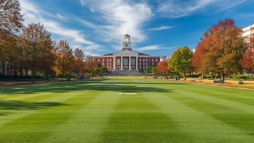 Central campus lawn leads to large classical academic building