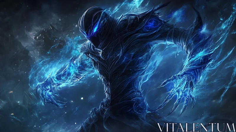 Shadow humanoid with blue energy aura in dark void.