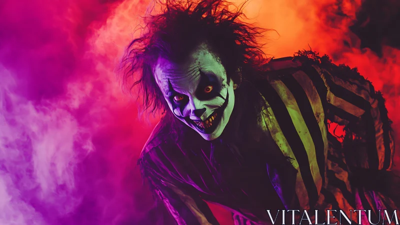 Sinister clown lunges through neon smoke, striped suit. Period.