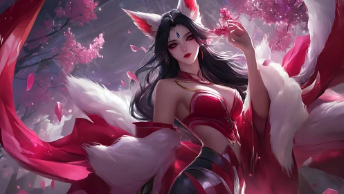 Kitsune enchantress amid vortexing sakura petal turbulence.