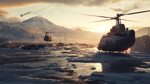 Military helicopters depart a frozen mountain base at sunrise.