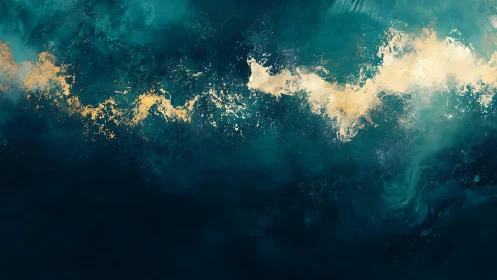Abstract ocean wave in teal and gold, modern digital painting.