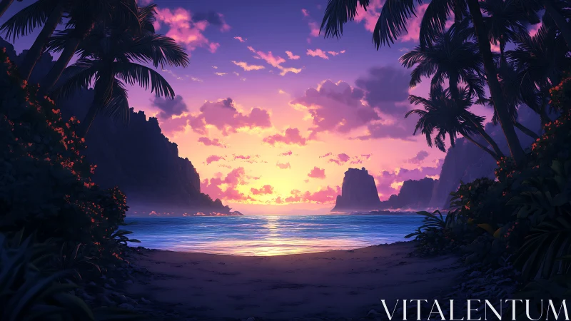 Dreamy tropical cove at sunset wrapped in soft violet light.