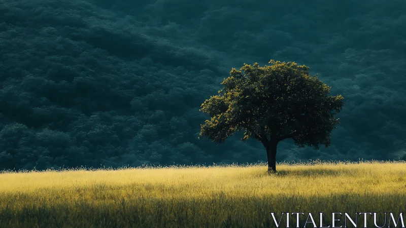 Lone sunlit tree stands quietly against deep forest backdrop