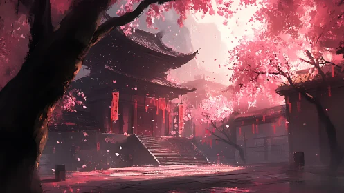 Sunlit temple courtyard wrapped in soft cherry blossoms.
