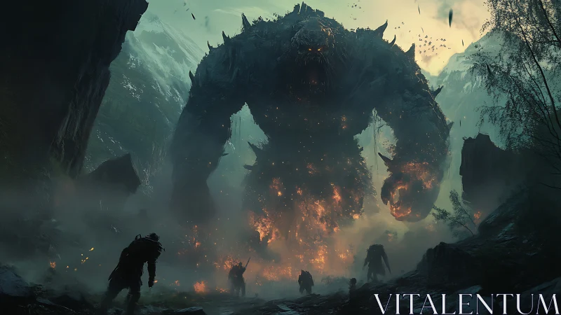 Colossal molten creature advances through misty mountain pass