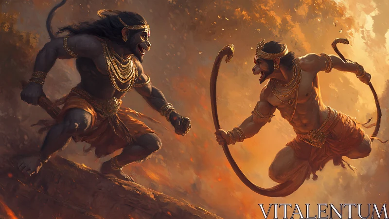 Epic duel between two mythic monkey warriors in battle.
